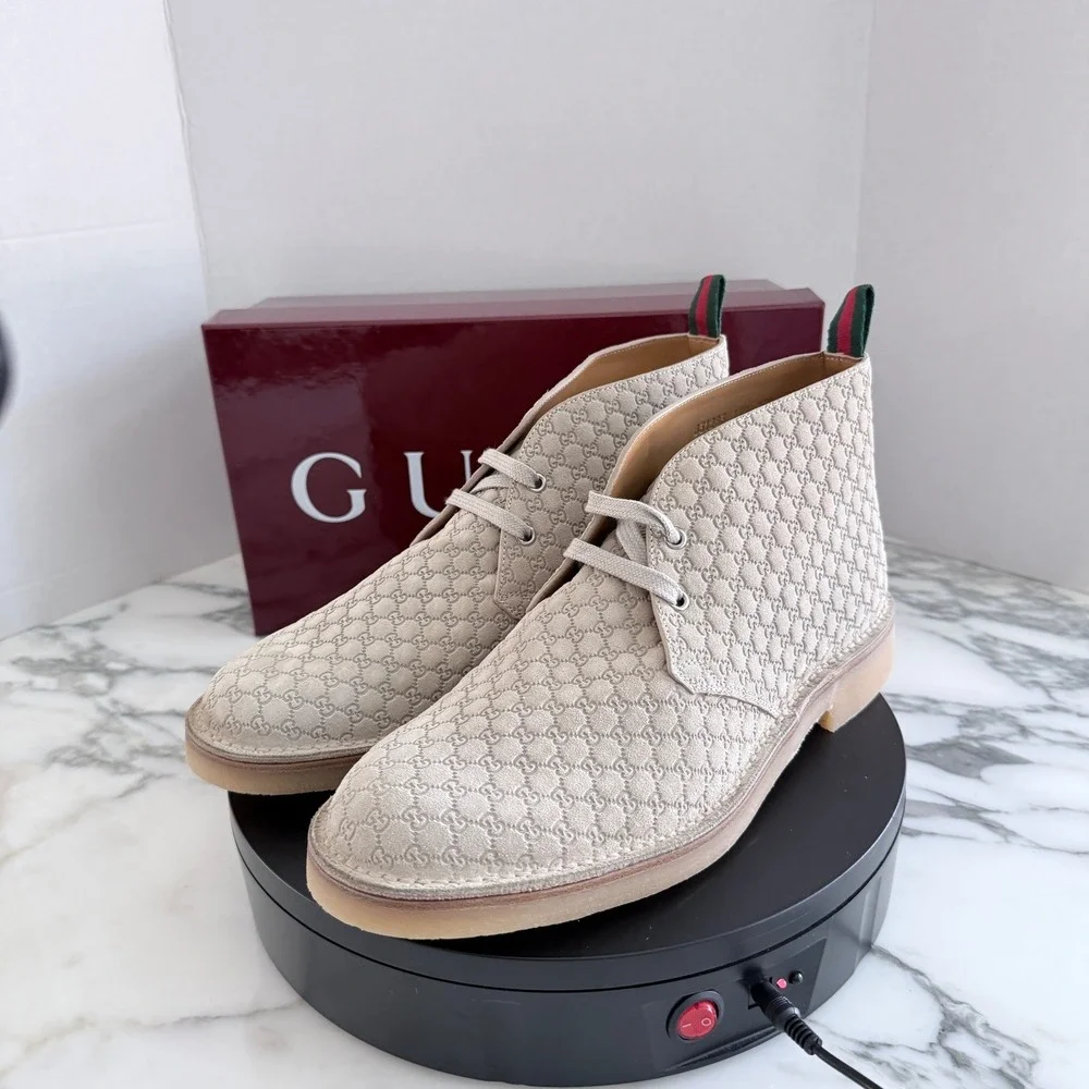 GUCCI GG Suede Desert Boots Embossed Oatmeal Tan Shoe, G 10+